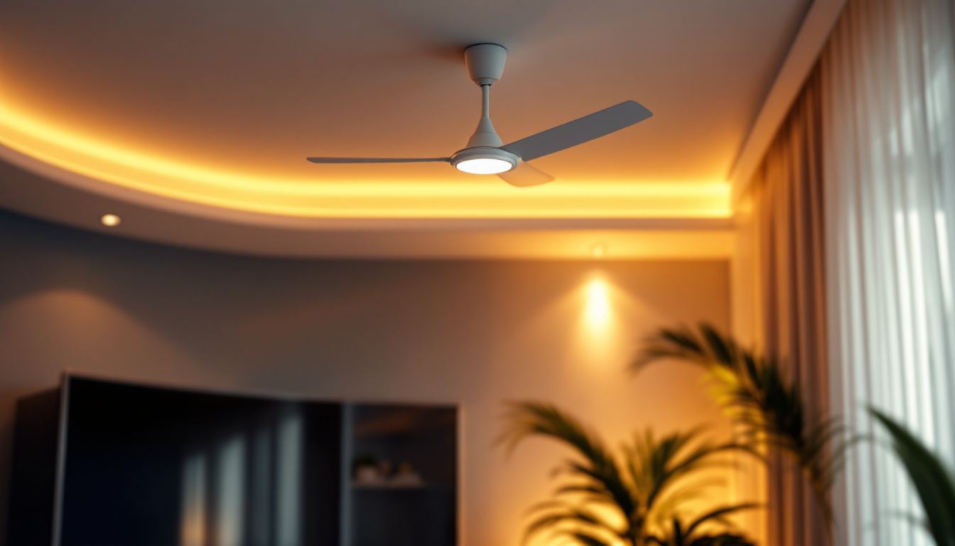 A photograph of a modern wall control ceiling fan in a stylishly lit room
