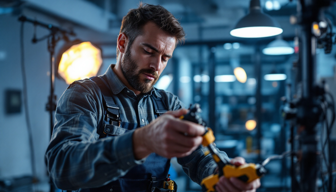 A photograph of a skilled electrician or technician expertly installing wire pullers in a well-lit environment