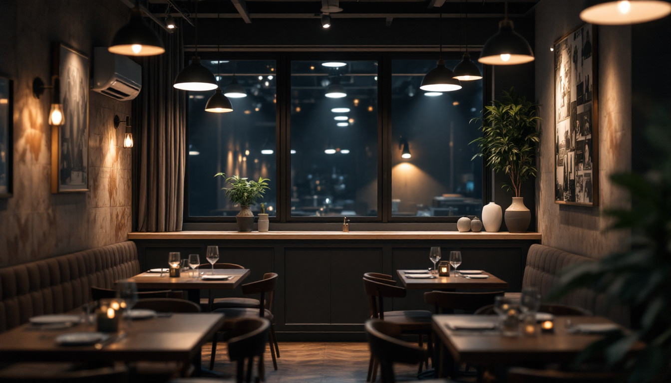 A photograph of a well-designed restaurant interior showcasing various lighting setups
