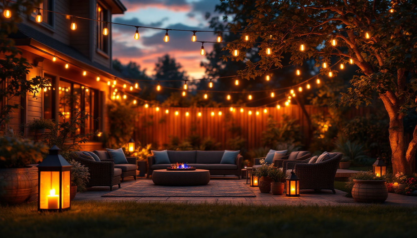 A photograph of capture a photograph of a beautifully illuminated backyard setting at dusk