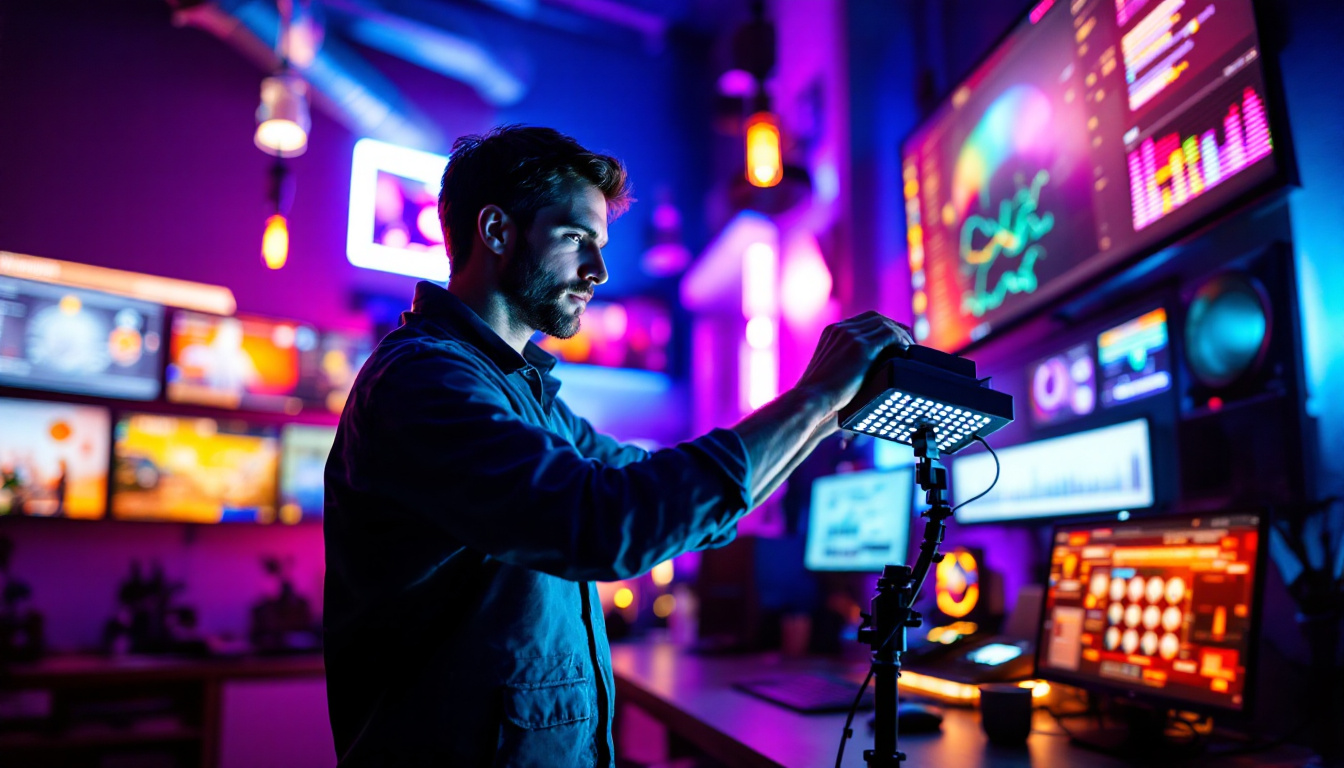 A photograph of a lighting engineer meticulously adjusting the settings on a high-tech led dock light
