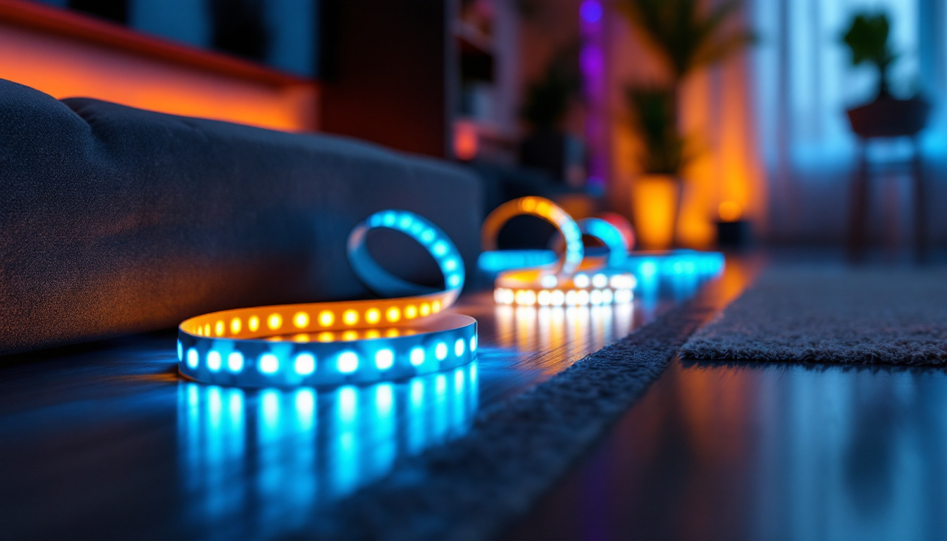 A photograph of a close-up shot of vibrant led tape lights illuminating a modern living space