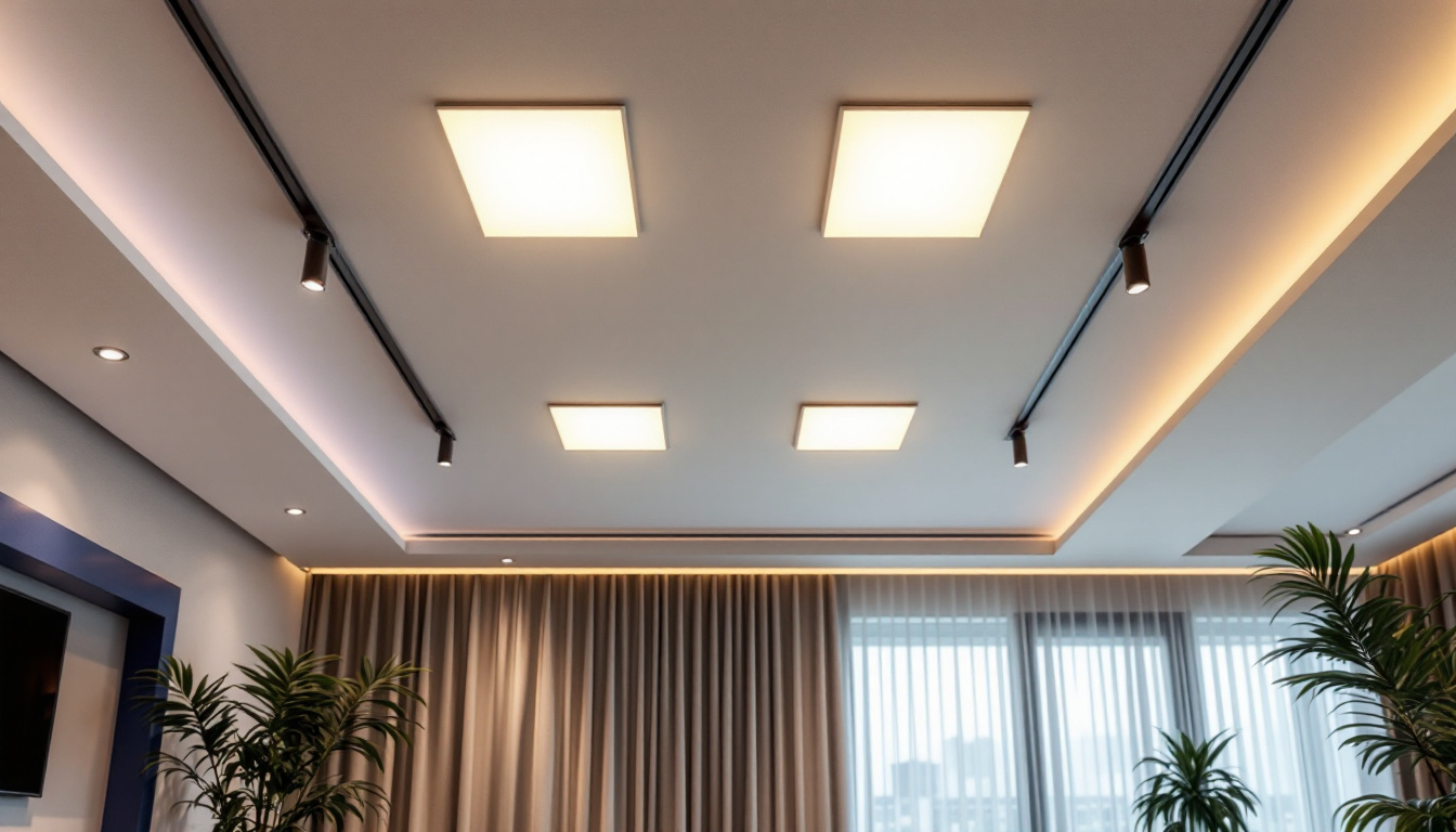 A photograph of a modern interior space featuring square recessed lights