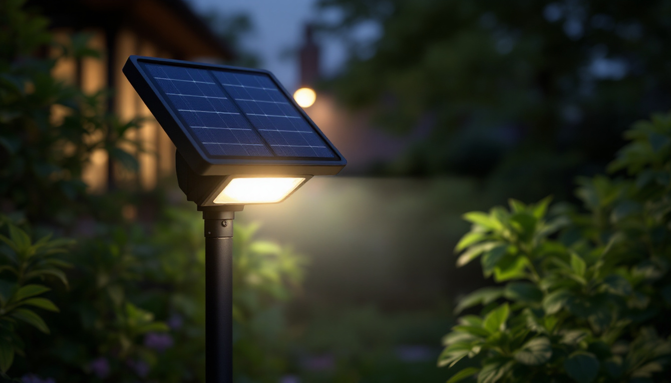 A photograph of a solar-powered led spotlight installed in a garden or outdoor setting
