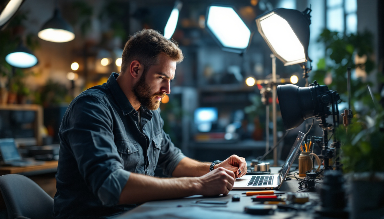 A photograph of a skilled electrical engineer analyzing a complex lighting setup in a modern workspace