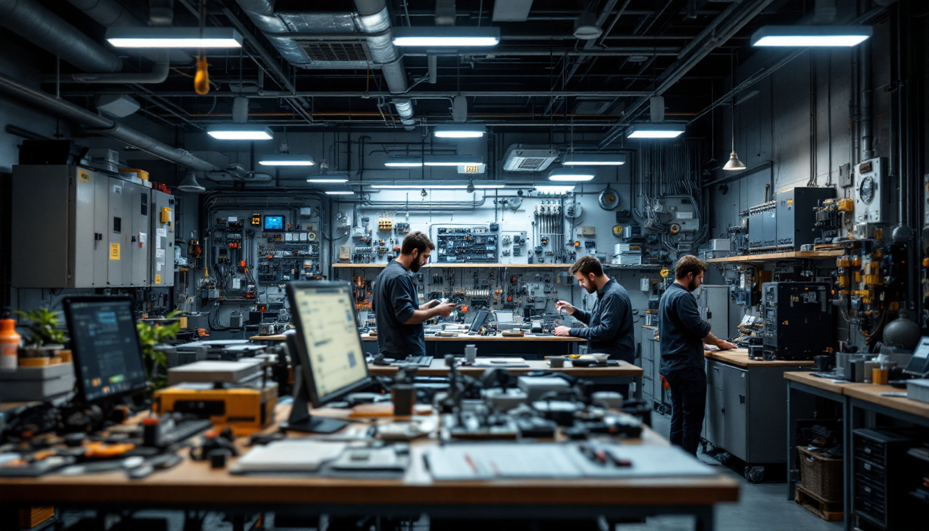 A photograph of a busy electrical engineering workspace featuring gray lots filled with various electrical components