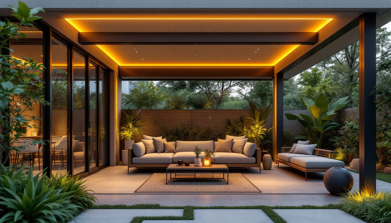 A photograph of a beautifully designed outdoor patio featuring energy-efficient ceiling lighting