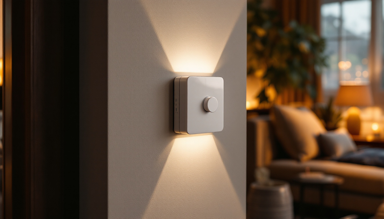 A photograph of a modern leviton smart dimmer switch installed in a stylish home setting
