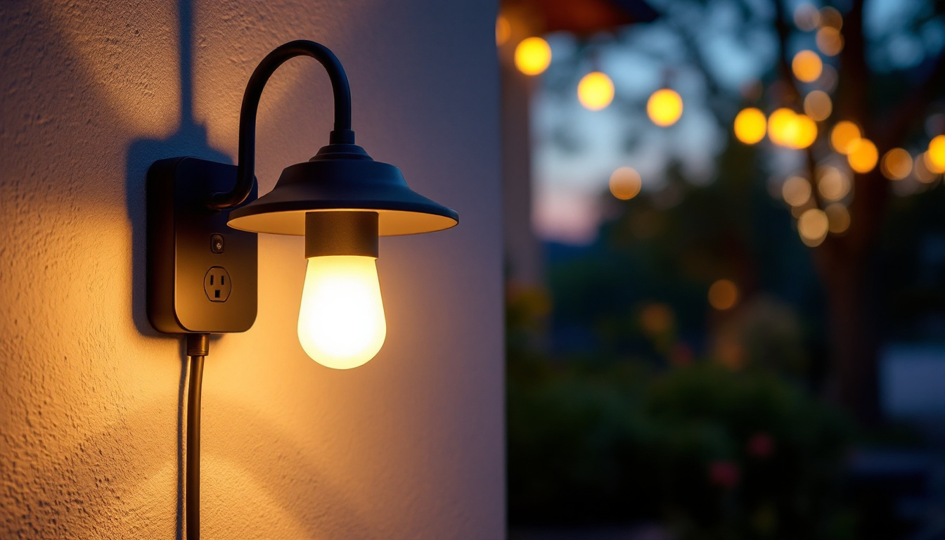 A photograph of a stylish outdoor porch light equipped with a built-in outlet