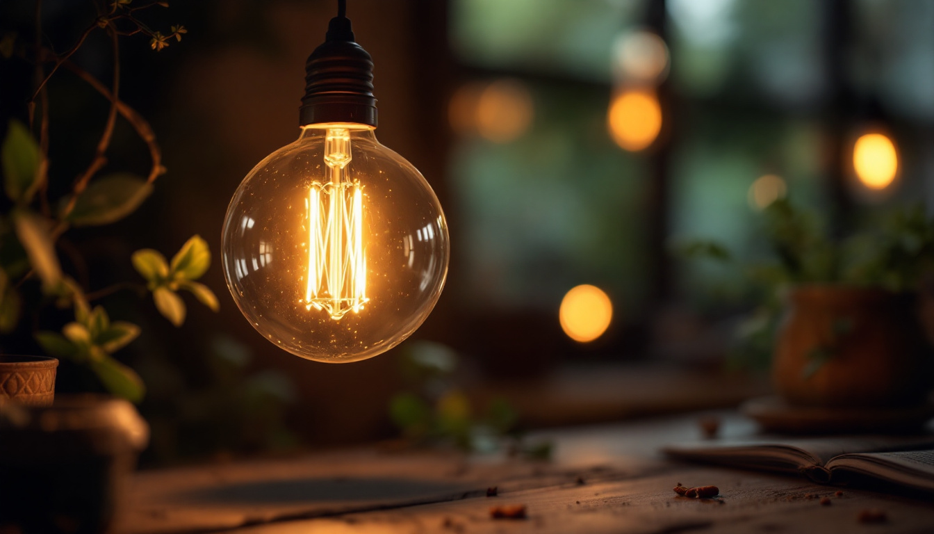 A photograph of a vintage-style incandescent light bulb glowing warmly in a cozy