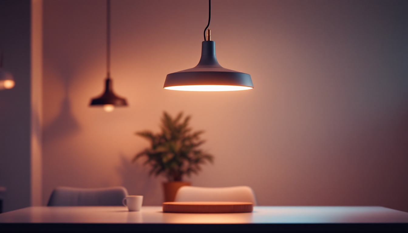A photograph of a stylish and innovative pendant light installation in a modern workspace