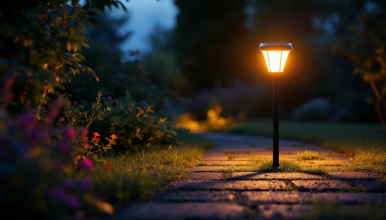 A photograph of a solar-powered stick light illuminating a garden pathway at dusk