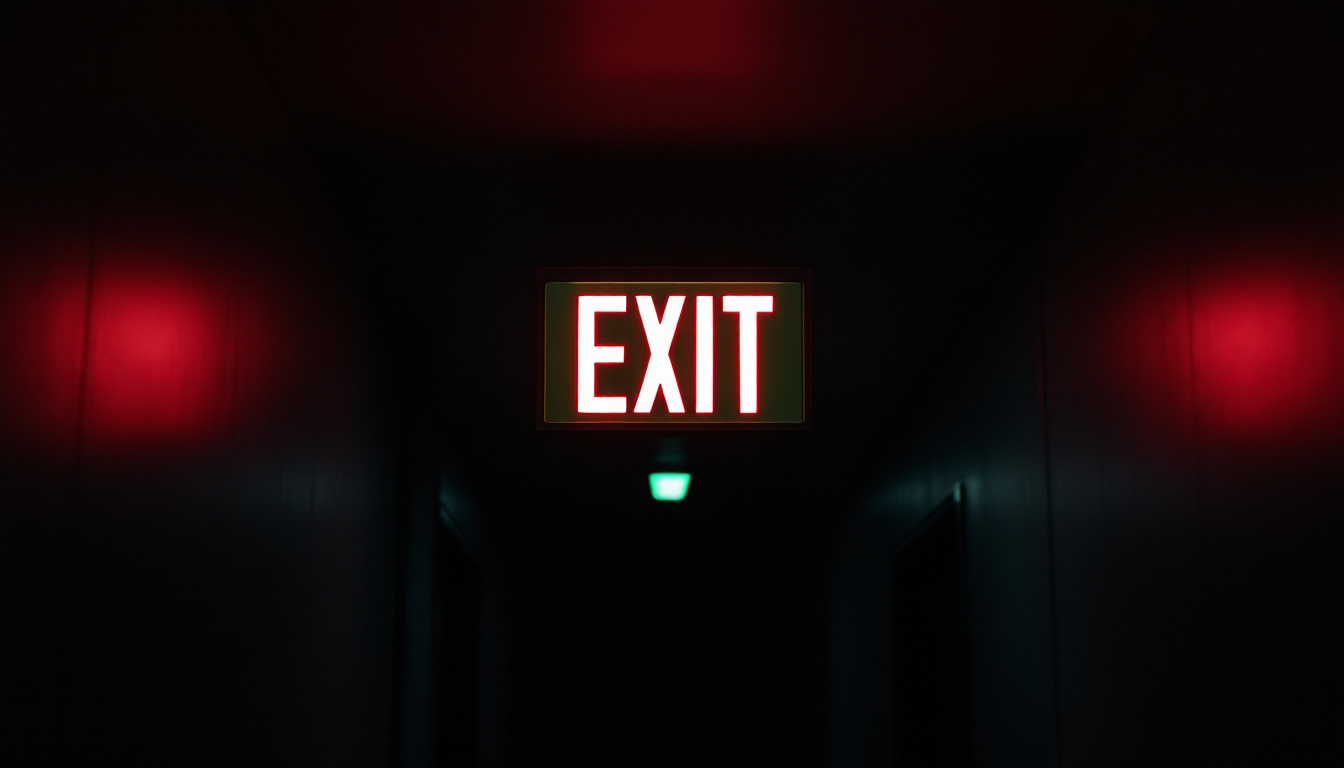 A photograph of capture a photograph of an illuminated emergency exit sign in a dimly lit corridor