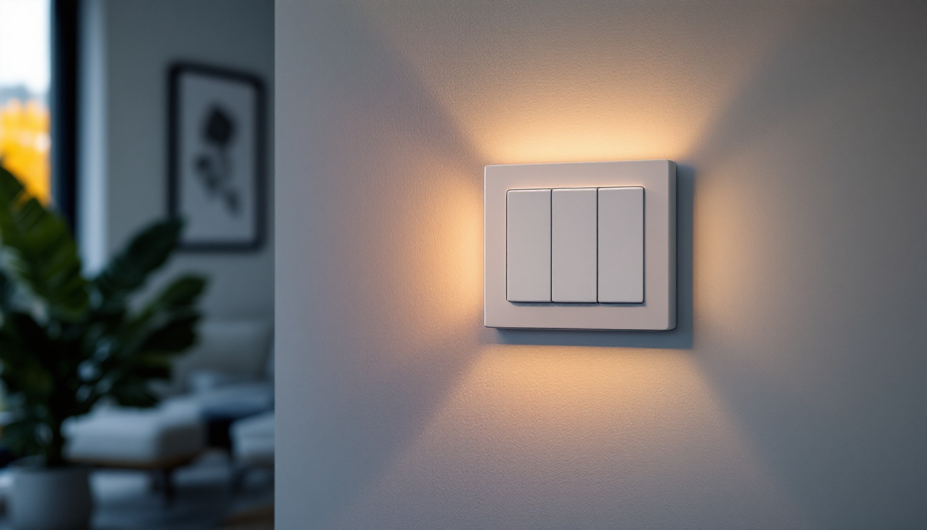 A photograph of a three-way light switch installation in a modern home setting