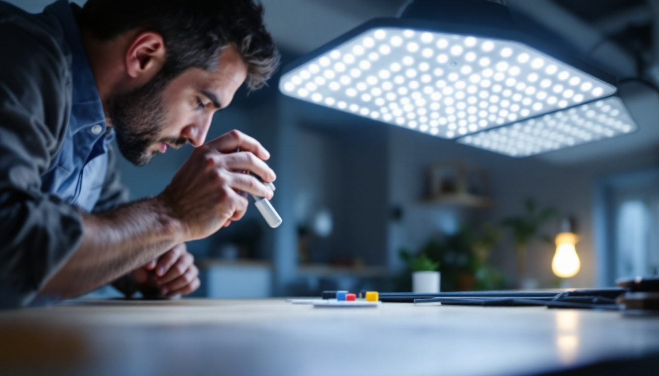 A photograph of a close-up of a well-lit led lighting setup in a modern home or office environment