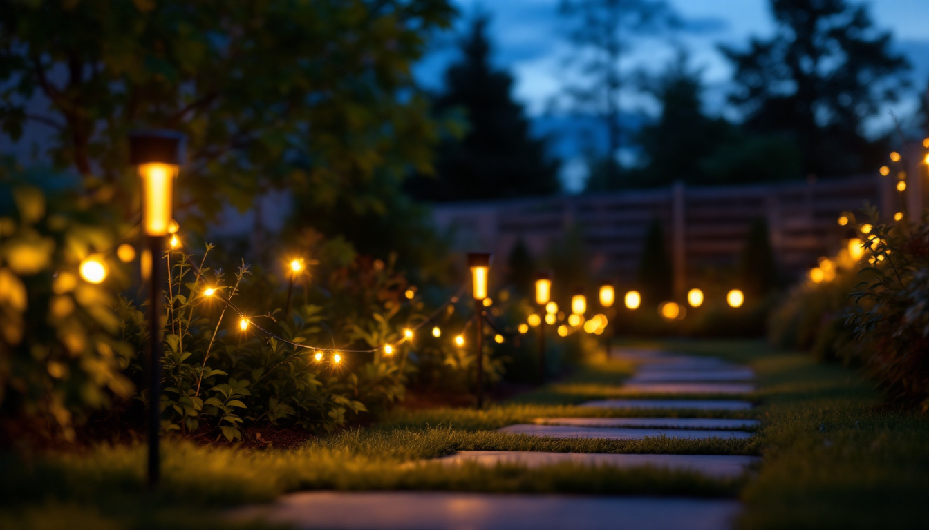 A photograph of a beautifully lit outdoor scene at dusk featuring solar stick-on lights illuminating a pathway or garden
