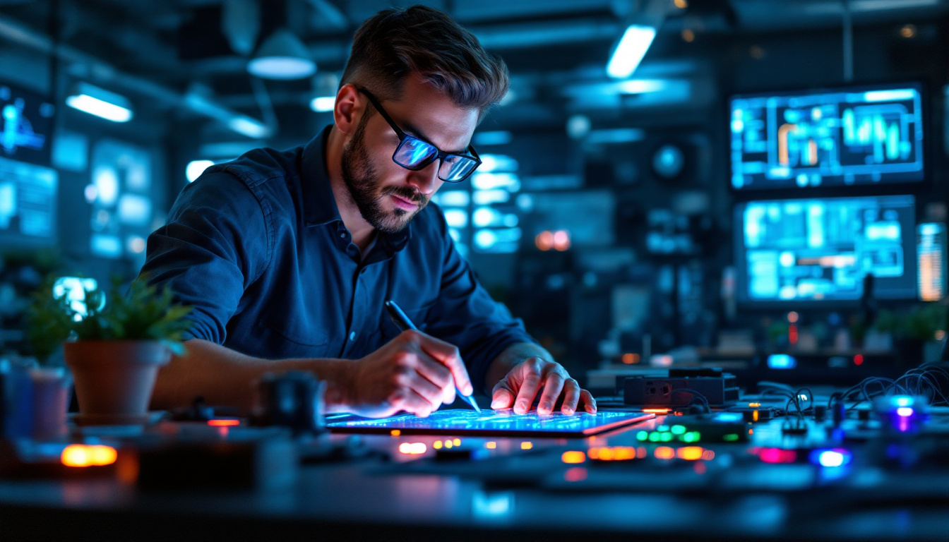 A photograph of a modern electrical engineer working intently on a sleek led panel design in a well-lit