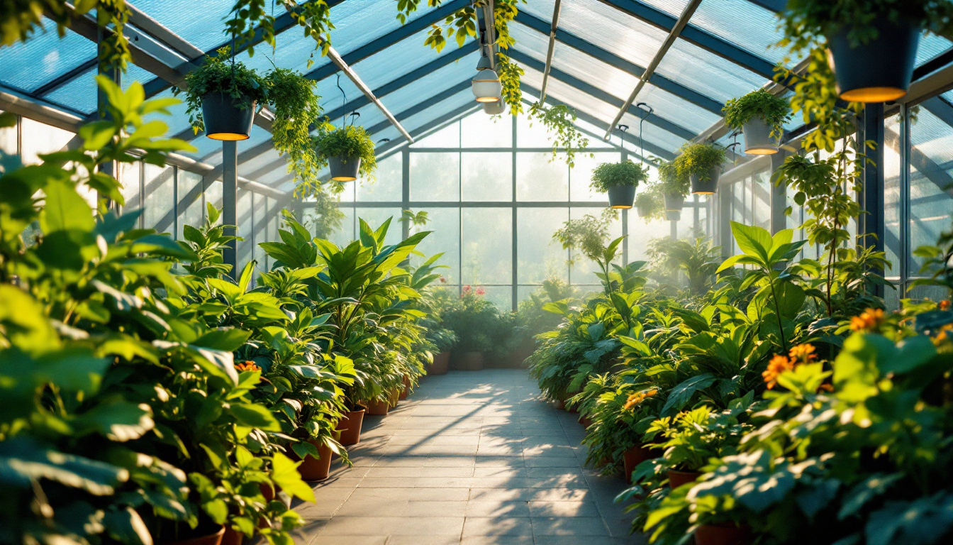 A photograph of a modern greenhouse illuminated by natural light