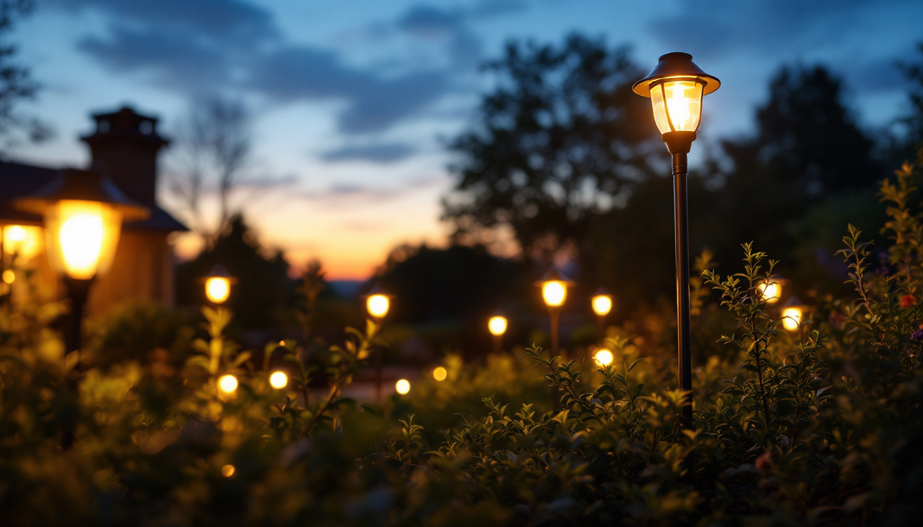 A photograph of a beautifully illuminated outdoor space featuring solar lights in various styles