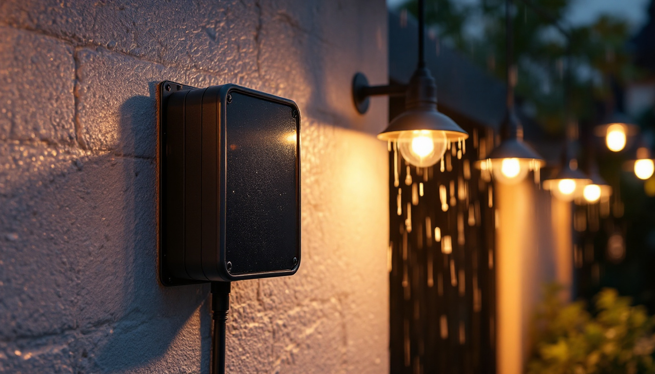 A photograph of a weatherproof extension box installed in an outdoor lighting setup
