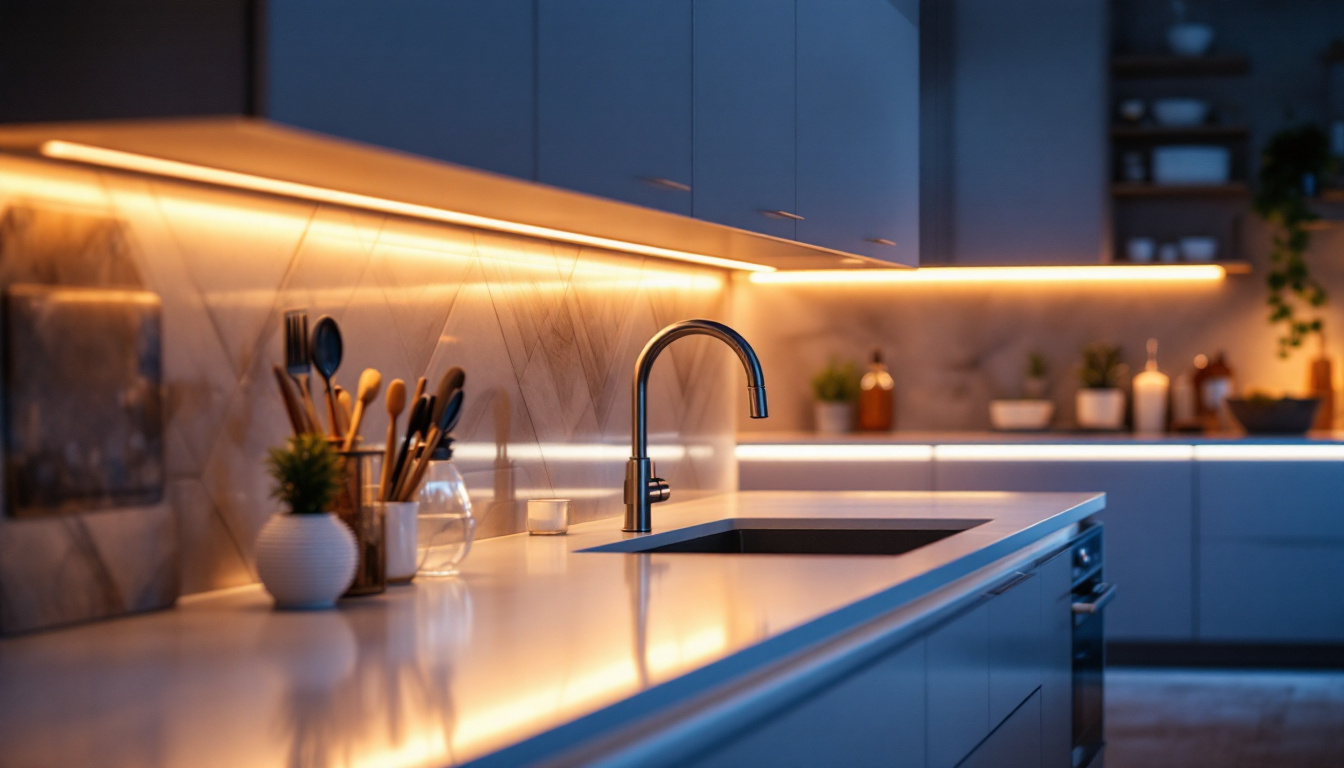 A photograph of a beautifully illuminated kitchen showcasing led strip lighting installed under the cabinets