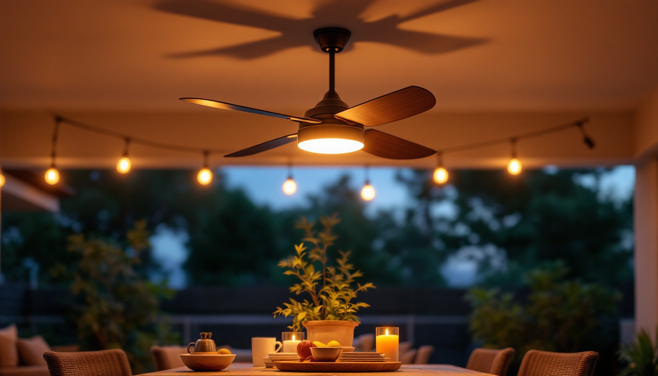 A photograph of a stylish outdoor ceiling fan installed in a cozy patio setting during twilight
