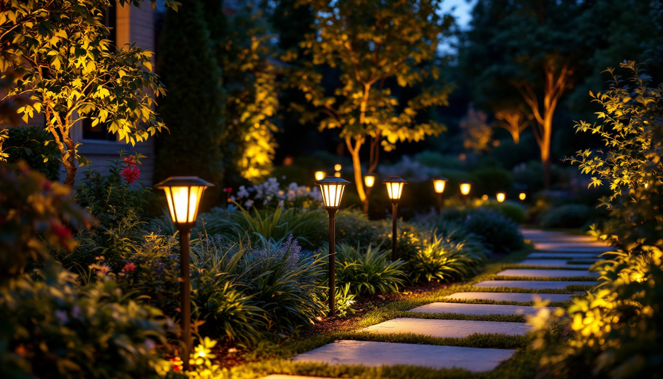 A photograph of a beautifully landscaped outdoor space illuminated by various styles of solar landscaping lights
