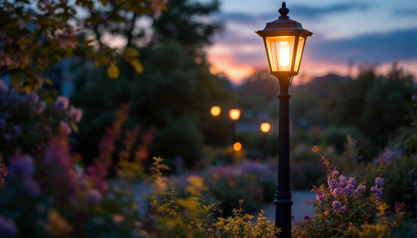 A photograph of a beautifully designed outdoor decorative lamp post illuminated at dusk