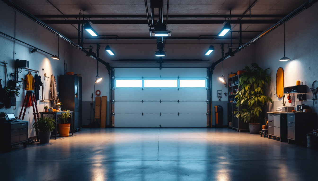 A photograph of a well-lit garage space showcasing various lighting fixtures in use