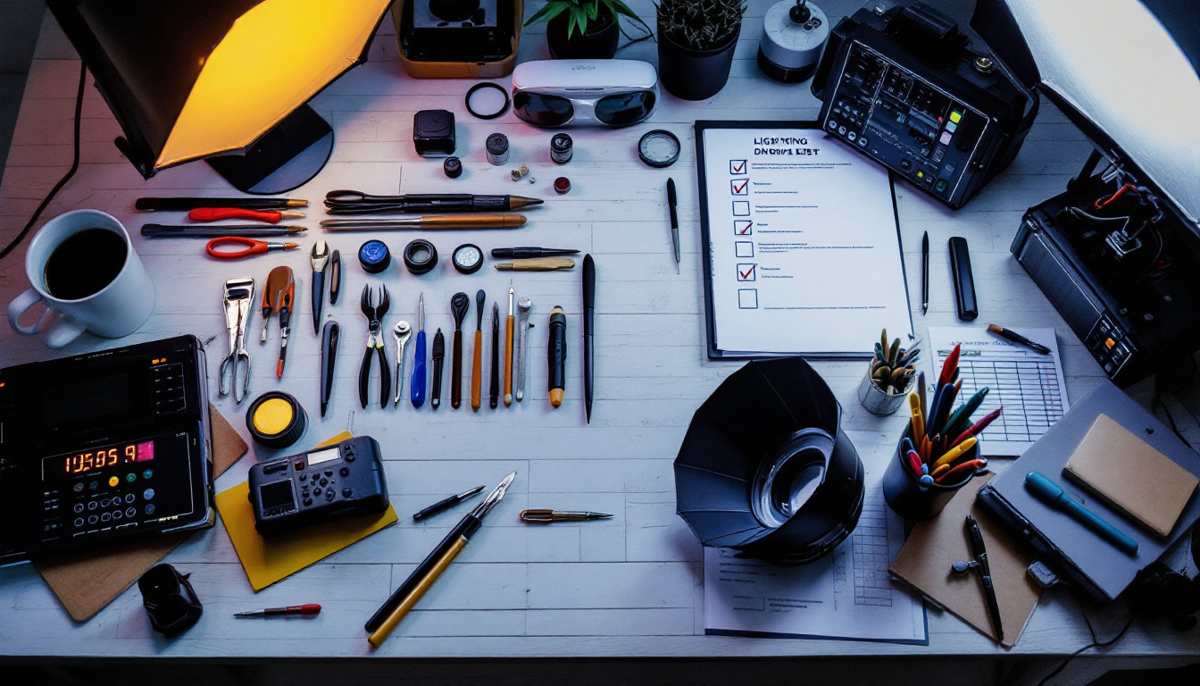 A photograph of a well-organized lighting design workspace