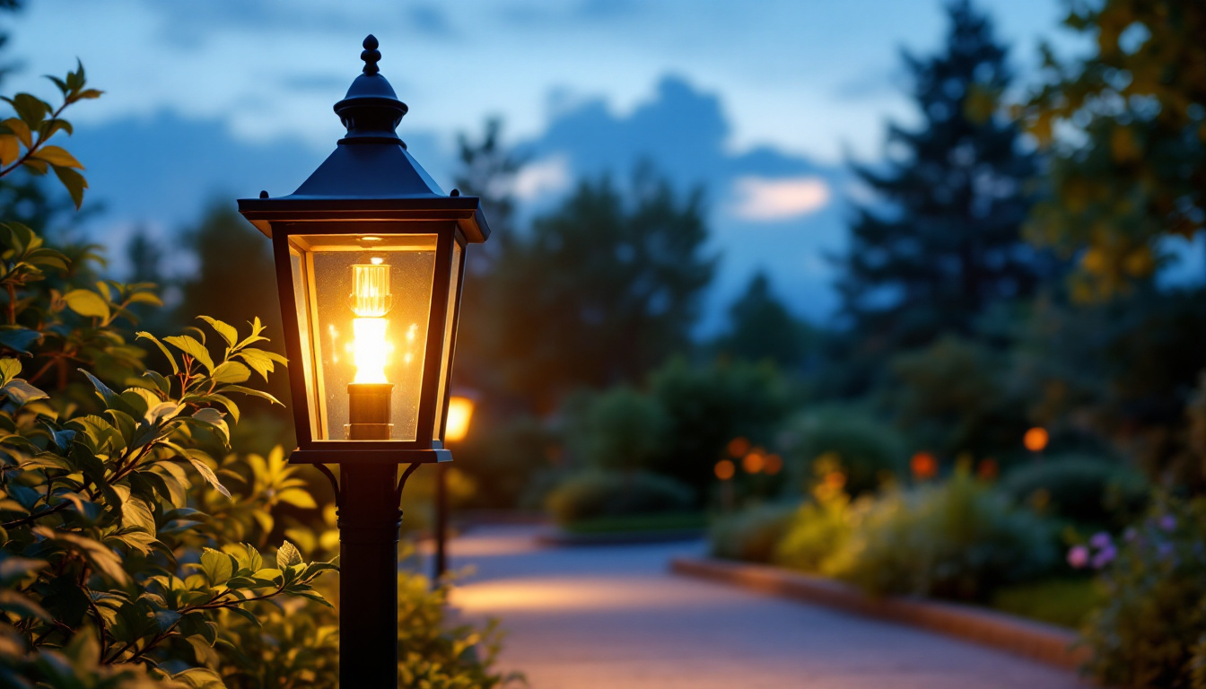 A photograph of a beautifully designed black outdoor post light illuminating a landscaped garden pathway at dusk