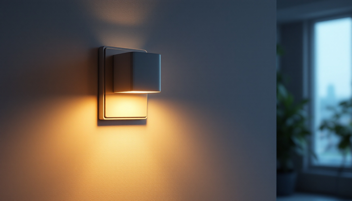 A photograph of a modern wall light switch in a well-lit interior setting