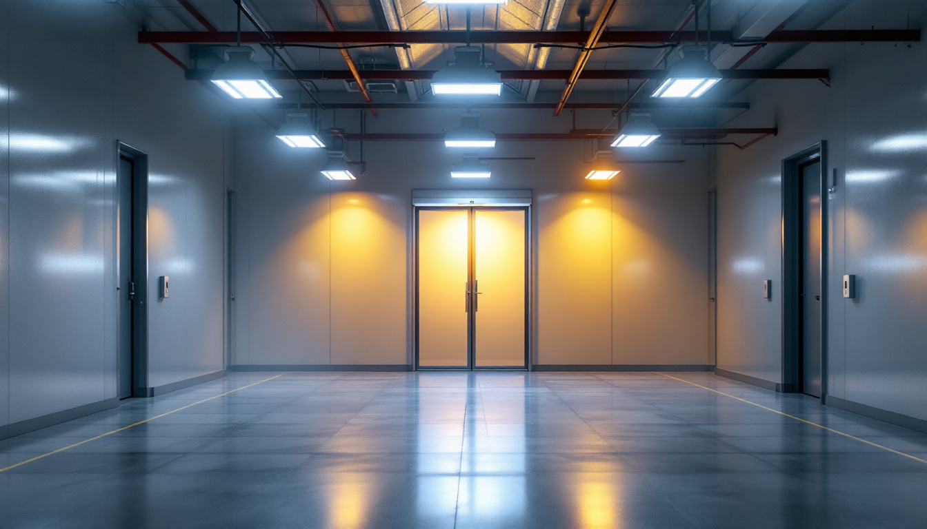 A photograph of a well-lit walk-in cooler showcasing various light fixtures
