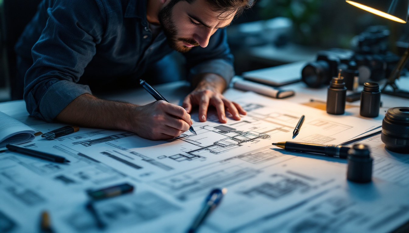 A photograph of a skilled electrical engineer working intently on a detailed cobrahead lighting design