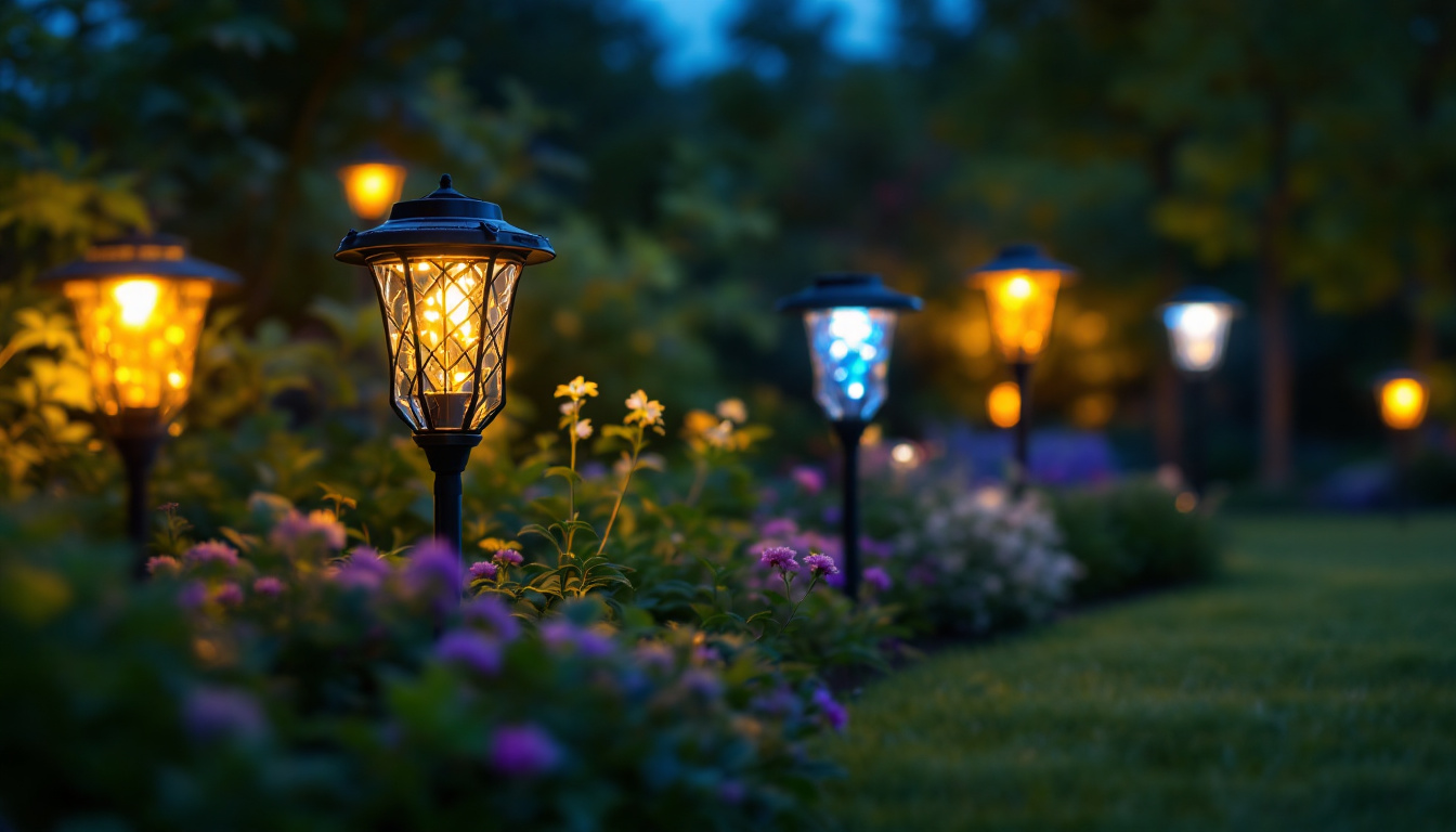 A photograph of a beautifully lit garden at dusk showcasing solar lawn lamps in various designs