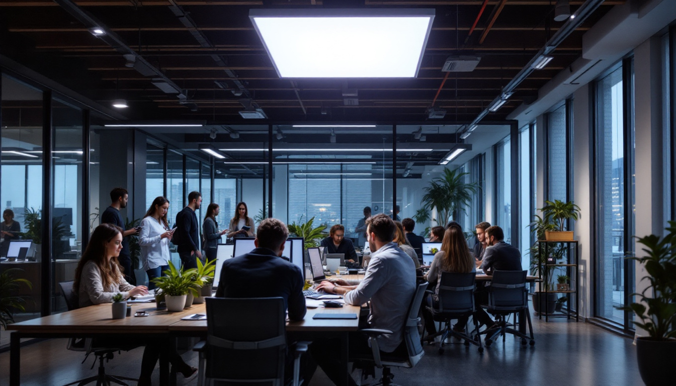 A photograph of a modern workspace or commercial setting illuminated by a 2x4 led flat panel light surface mount