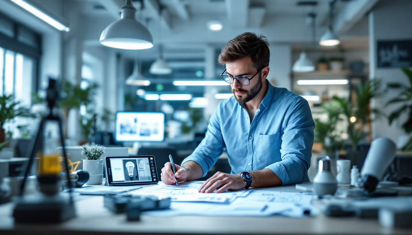 A photograph of a lighting engineer analyzing the performance of t8 fluorescent lamps in a well-lit workspace
