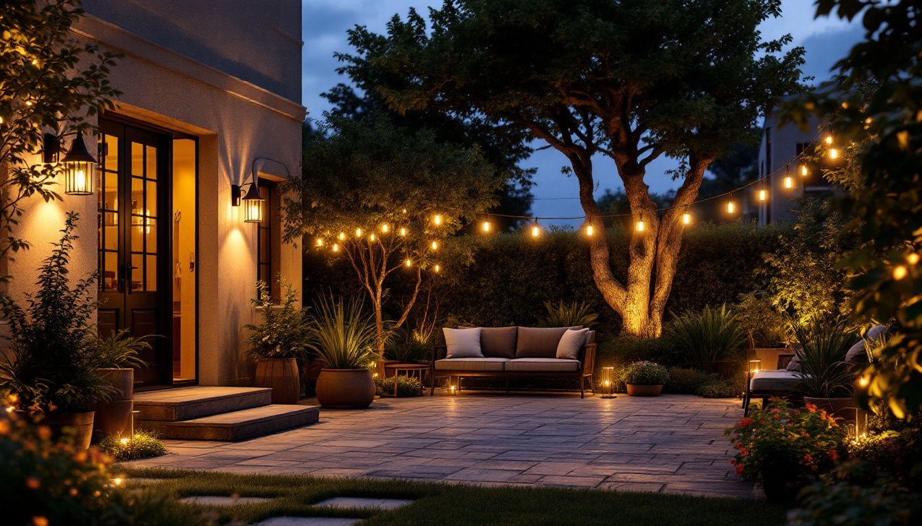 A photograph of a beautifully illuminated outdoor space featuring various types of lighting fixtures
