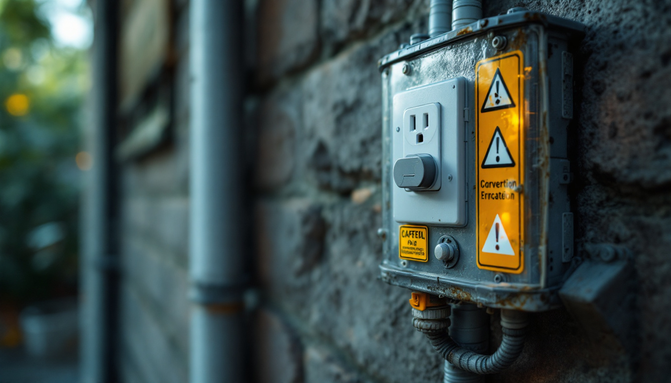 A photograph of capture a photograph of an external electrical outlet box installed on a building's exterior