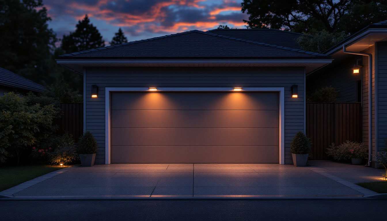 A photograph of a well-lit garage at dusk
