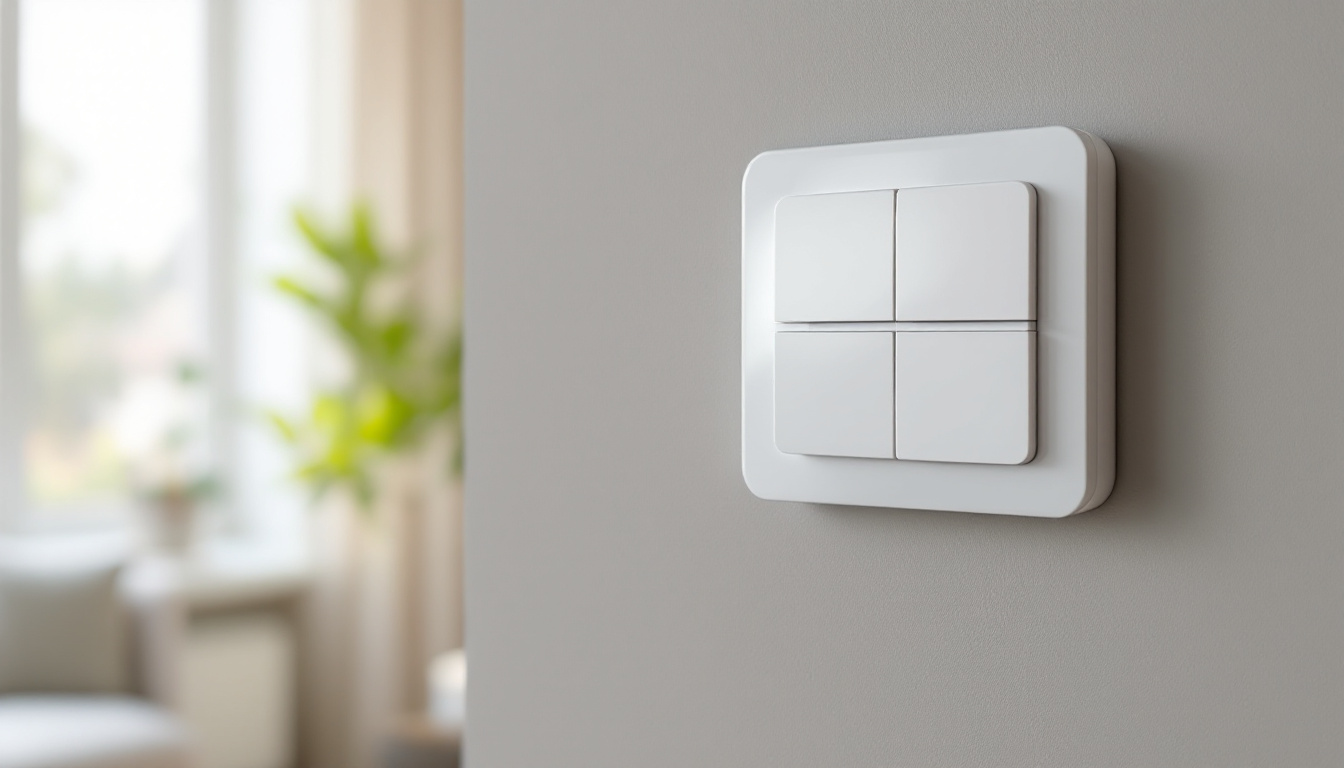 A photograph of a close-up shot of a stylish fan and light control switch installed on a modern wall