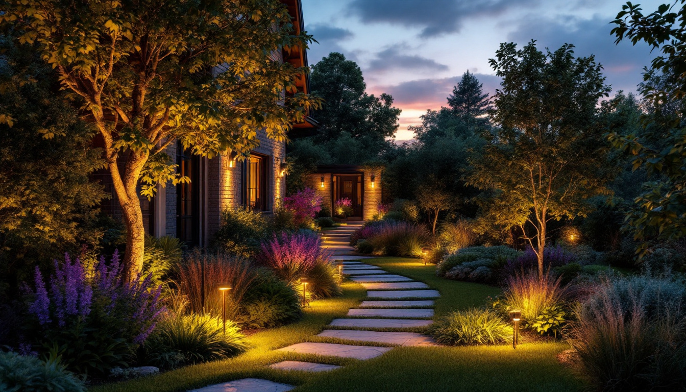 A photograph of a beautifully illuminated outdoor landscape at dusk