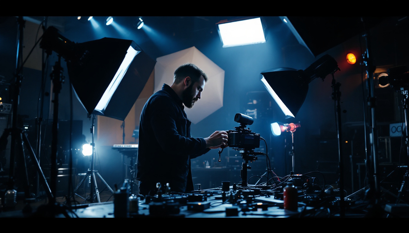 A photograph of a lighting engineer at work