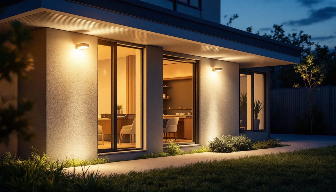 A photograph of a well-lit outdoor space showcasing both industrial and commercial motion sensor lights in action