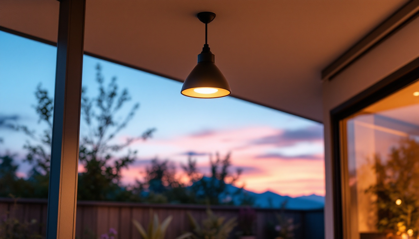 A photograph of a stylish modern outdoor ceiling light installed in an inviting outdoor space