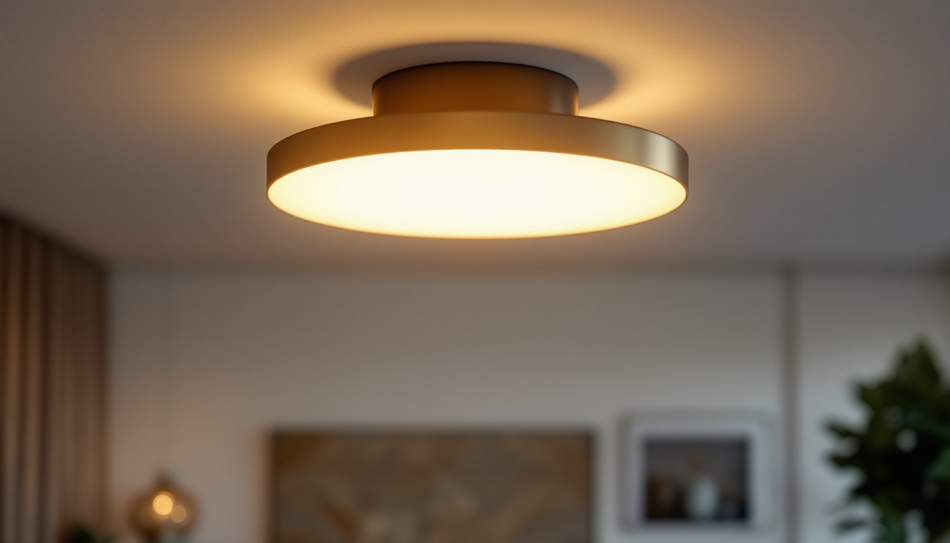 A photograph of a stylish flush-mounted light fixture installed in a modern living space