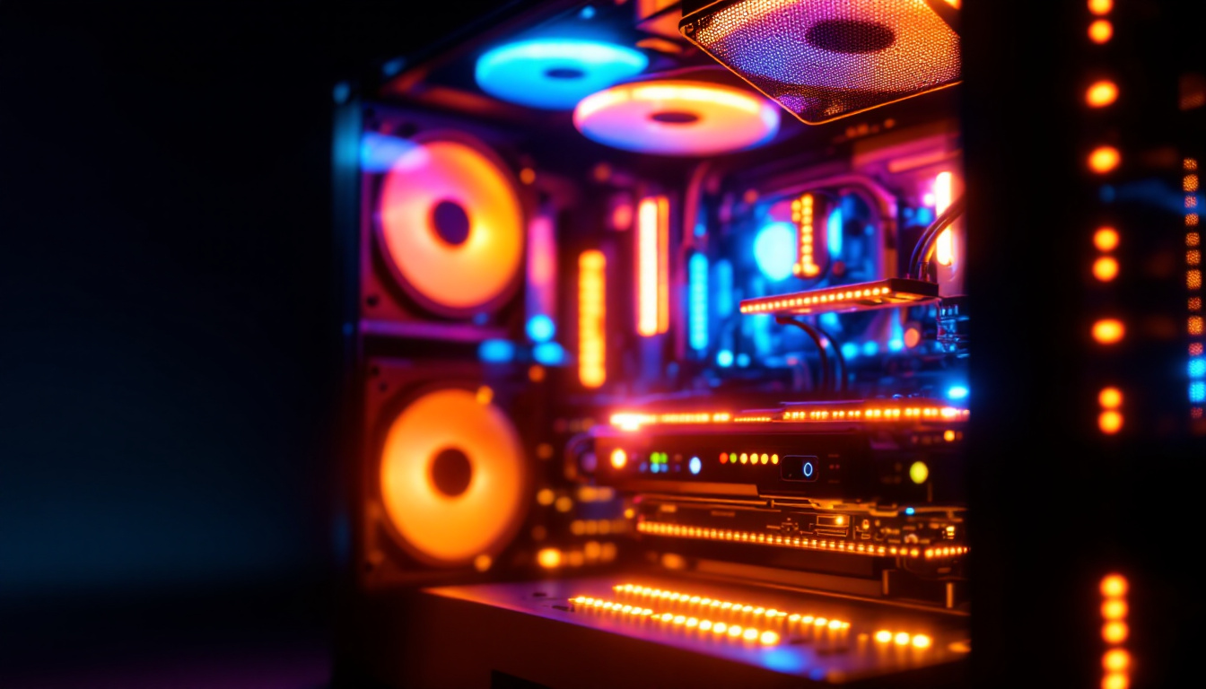 A photograph of a sleek computer cabinet illuminated by vibrant led lights