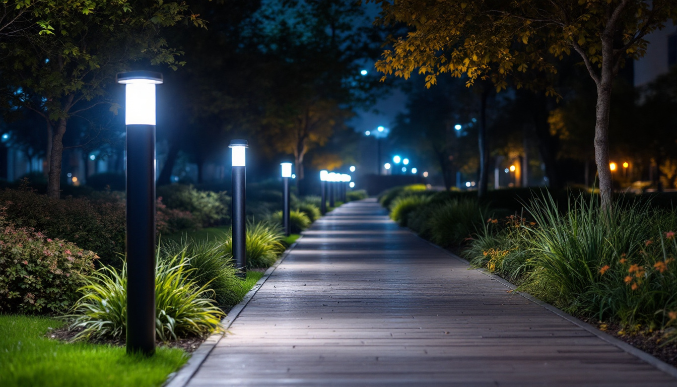 A photograph of a well-lit outdoor pathway featuring various led bollard lights
