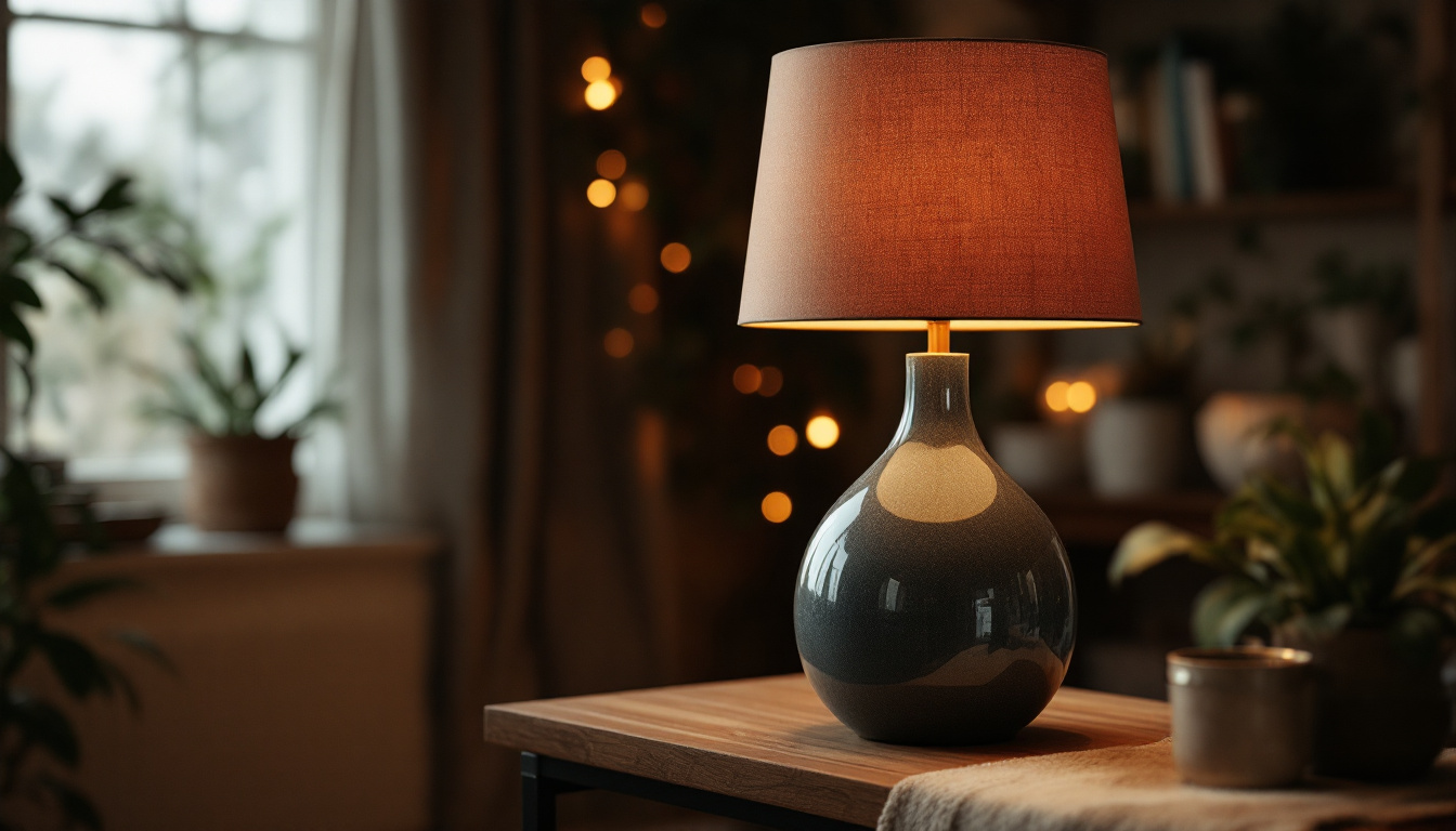A photograph of a beautifully designed american-made lamp in a cozy