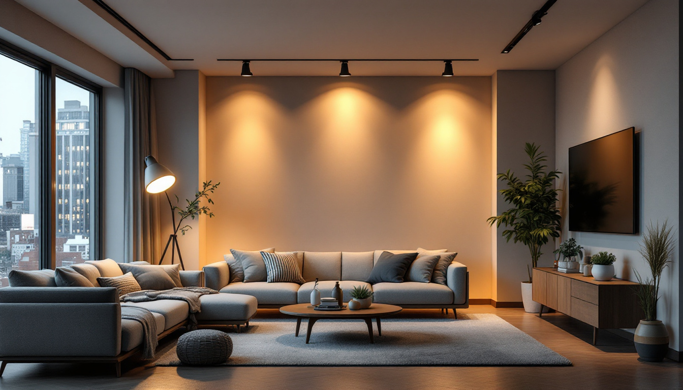 A photograph of a beautifully lit modern living space featuring new construction pot lights